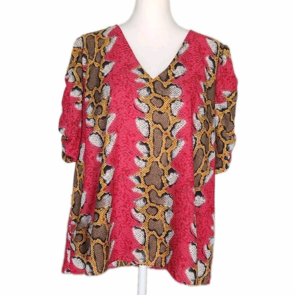 Adrienne Top Blouse Womens‎ Plus 3X Burgundy Brown Boxy Snakeskin Casual Career